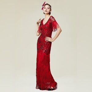 Flapper Dress 1920s V-Neck Evening Gown Sequin Beaded Maxi Dress for Wedding